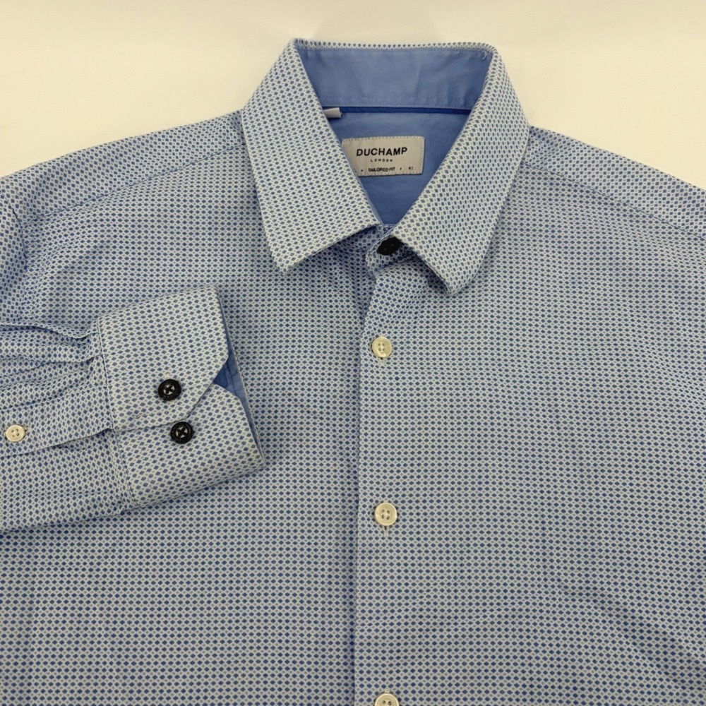 DUCHAMP LONDON Men's Tailored Fitโ Dress Shirt Blue Geometric Print Size 16 5 L
